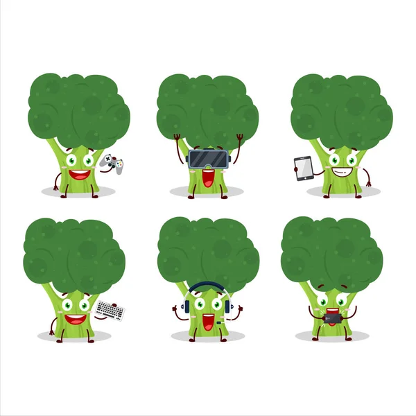 Brocoli Cartoon Character Playing Games Various Cute Emoticons Vector Illustration — Stock Vector