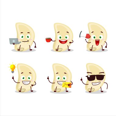 Çeşitli iş simgeleriyle sarımsaklı çizgi film karakteri. Vektör illüstrasyonu