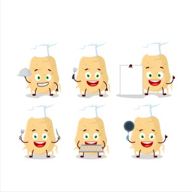 Çeşitli şef simgeleriyle zerdeçal çizgi film karakteri. Vektör illüstrasyonu