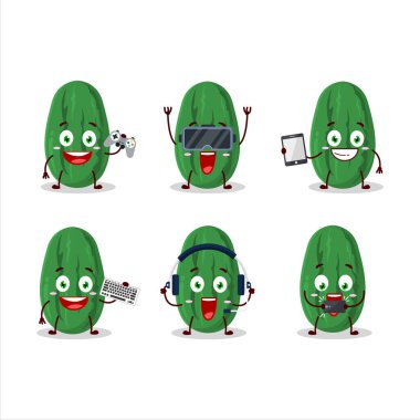 Salatalık çizgi film karakteri çeşitli şirin ifadelerle oyunlar oynuyor. Vektör illüstrasyonu