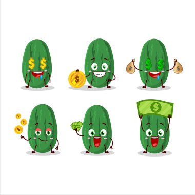 Salatalık çizgi film karakteri ve şirin yüz ifadesi para getiriyor. Vektör illüstrasyonu