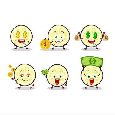 Patlıcan çizgi film karakteri ve şirin ifadeli dilimler para getiriyor. Vektör illüstrasyonu