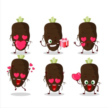 Sevgi dolu simgesi olan siyah bir çizgi film karakteri. Vektör illüstrasyonu