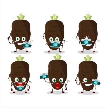 Siyah salsifiye çizgi film karakteri ile fotoğrafçılık mesleği simgesi. Vektör illüstrasyonu