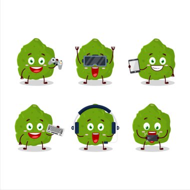 Kaffir kireç meyveli çizgi film karakteri çeşitli şirin emoticonlarla oyunlar oynuyor. Vektör illüstrasyonu
