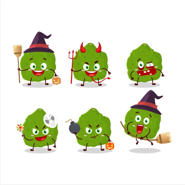 Emoticones de expresión de Halloween con personaje de dibujos animados de fruta de lima kaffir — Vector de stock