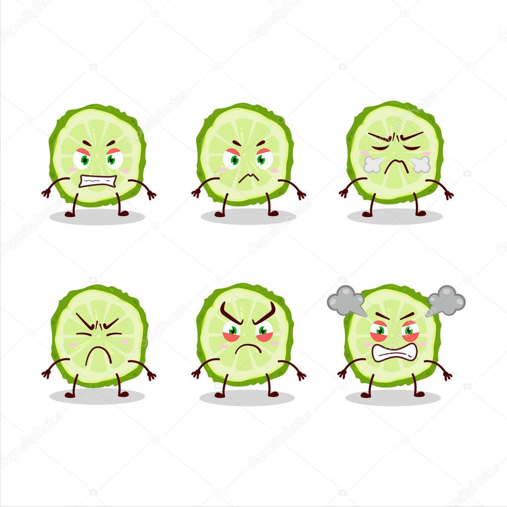 Slice of kaffir lime fruit cartoon character with various angry expressions