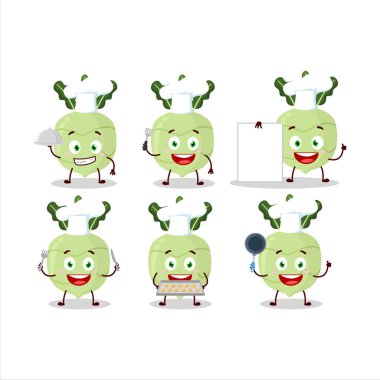 Çeşitli şef simgeleriyle kohlrabi çizgi film karakteri. Vektör illüstrasyonu