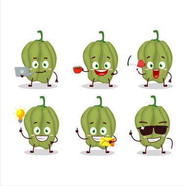 Çeşitli iş simgeleri olan yeni yeşil Hananero çizgi film karakteri. Vektör illüstrasyonu