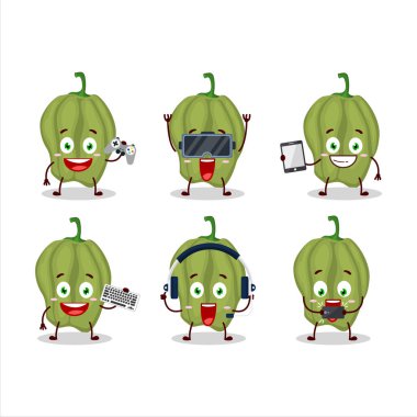 Yeni yeşil Hananero çizgi film karakteri çeşitli şirin ifadelerle oyunlar oynuyor. Vektör illüstrasyonu