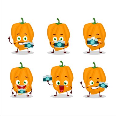 Portakallı habanero çizgi film karakteri ile fotoğrafçılık mesleği simgesi. Vektör illüstrasyonu