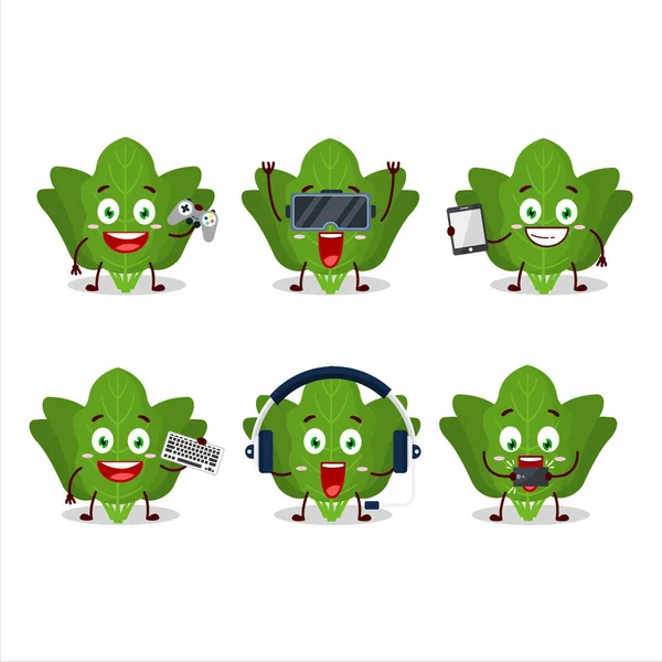 Spinach Cartoon Character Playing Games Various Cute Emoticons Vector Illustration — Stock Vector