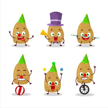 Çeşitli sirk gösterileri olan patates çizgi film karakteri. Vektör illüstrasyonu