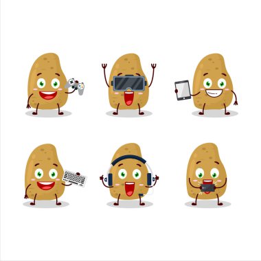 Patates çizgi film karakteri çeşitli şirin ifadelerle oyunlar oynuyor. Vektör illüstrasyonu