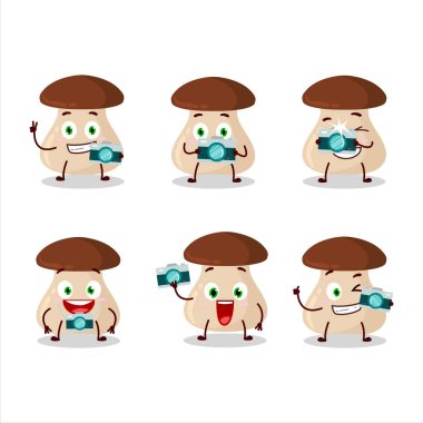 Boletus Edulis çizgi film karakteri ile fotoğrafçılık mesleği simgesi. Vektör illüstrasyonu