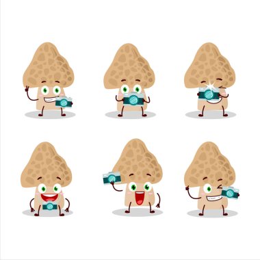 Morel çizgi film karakteri ile fotoğrafçılık mesleği simgesi. Vektör illüstrasyonu