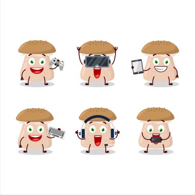 Bal mantarı çizgi film karakteri çeşitli şirin ifadelerle oyunlar oynuyor. Vektör illüstrasyonu