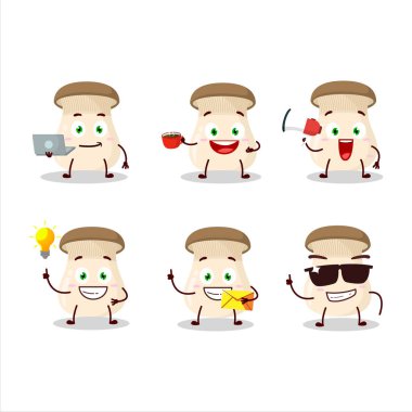 Kral trompet mantarı çizgi film karakteri ve çeşitli iş simgeleri. Vektör illüstrasyonu