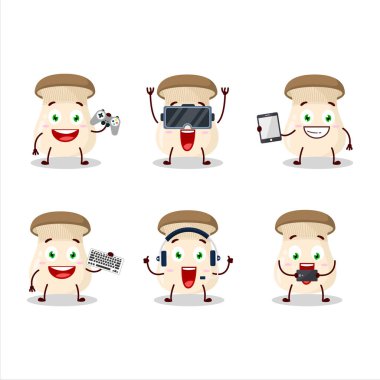 Kral trompet mantarı çizgi film karakteri çeşitli şirin duygu simgeleriyle oyunlar oynuyor. Vektör illüstrasyonu