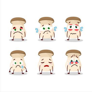 Kral trompet mantarı karikatür karakteri hüzünlü bir ifadeyle. Vektör illüstrasyonu