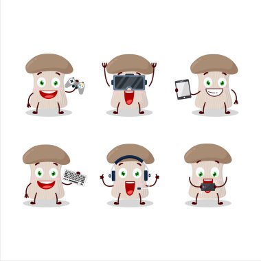 İstiridye mantarı çizgi film karakteri çeşitli şirin ifadelerle oyunlar oynuyor. Vektör illüstrasyonu