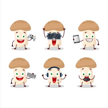 Shimeji mantarı çizgi film karakteri çeşitli şirin duygu simgeleriyle oyunlar oynuyor. Vektör illüstrasyonu