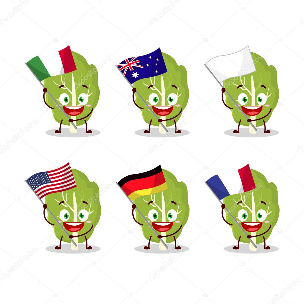Collard greens cartoon character bring the flags of various countries. Vector illustration