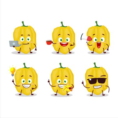 Çeşitli iş simgelerine sahip sarı habanero çizgi film karakteri. Vektör illüstrasyonu