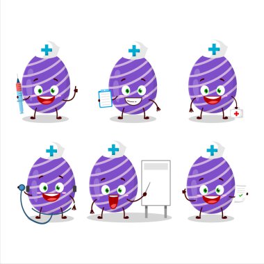 Doctor profession emoticon with purple easter egg cartoon character. Vector illustration