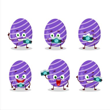 Photographer profession emoticon with purple easter egg cartoon character. Vector illustration