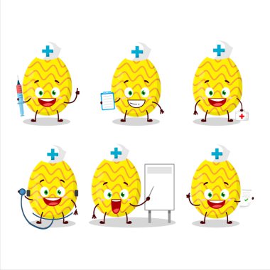 Sarı Paskalya Yumurtası çizgi film karakterli doktor mesleği simgesi. Vektör illüstrasyonu