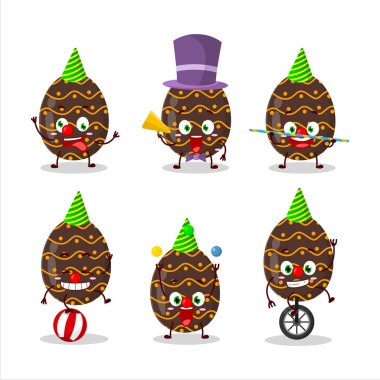 Çeşitli sirk gösterileri olan koyu kahverengi paskalya yumurtasının çizgi film karakteri. Vektör illüstrasyonu