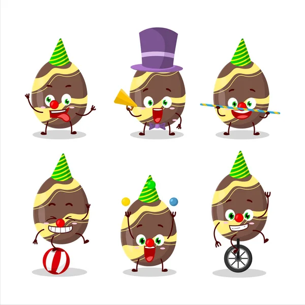 Çeşitli sirk gösterileri olan kahverengi paskalya yumurtasının çizgi film karakteri. Vektör illüstrasyonu