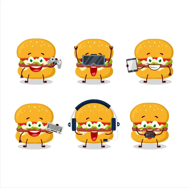 Cheeseburger Kreslené Postavičky Hrají Hry Různými Roztomilými Emotikony Vektorová Ilustrace — Stockový vektor