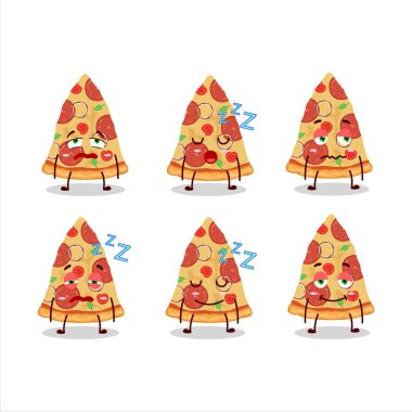 Uykulu bir ifadeyle bir dilim biftekli pizzanın çizgi film karakteri. Vektör illüstrasyonu