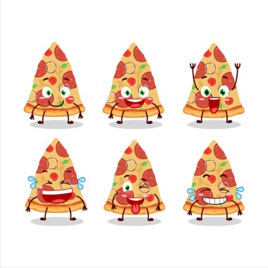 Bir dilim etli pizzanın çizgi film karakteri ve gülümseme ifadesi. Vektör illüstrasyonu