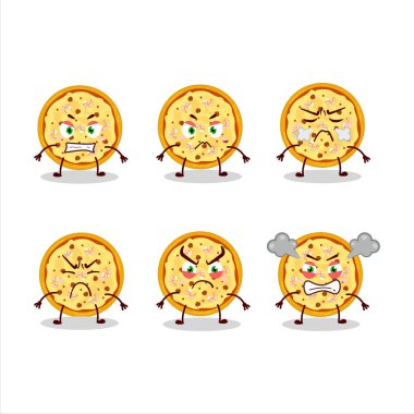 Marinara pizza çizgi film karakteri ve değişik kızgın ifadeler. Vektör illüstrasyonu