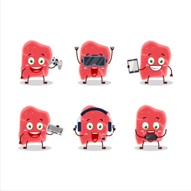 Sığır filetosu çizgi film karakteri çeşitli şirin ifadelerle oyunlar oynuyor. Vektör illüstrasyonu