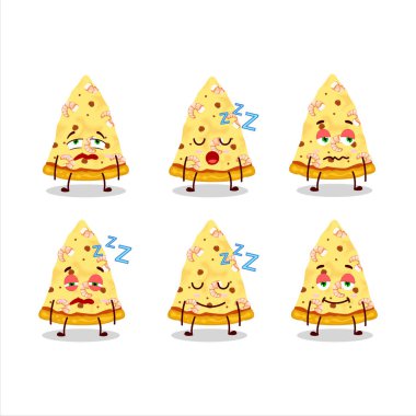 Uykulu suratlı bir dilim marinara pizzasının çizgi film karakteri. Vektör illüstrasyonu
