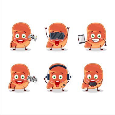 Biftek çizgi film karakteri çeşitli şirin ifadelerle oyunlar oynuyor. Vektör illüstrasyonu