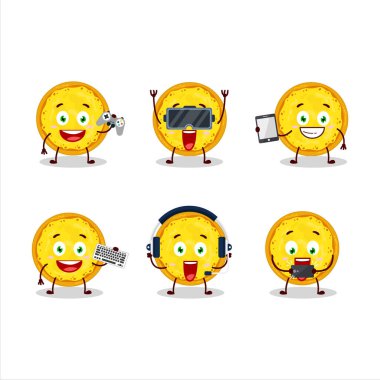 İtalyan peynirli pizza çizgi film karakteri çeşitli şirin emoticonlarla oyunlar oynuyor. Vektör illüstrasyonu