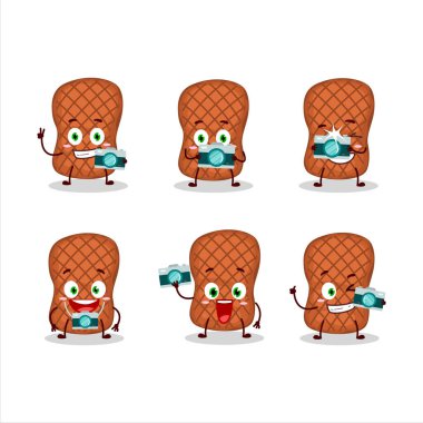 Biftek çizgi film karakteri ile fotoğrafçılık mesleği simgesi. Vektör illüstrasyonu