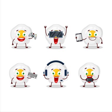 Kızarmış yumurta çizgi film karakteri çeşitli şirin emoticonlarla oyunlar oynuyor. Vektör illüstrasyonu