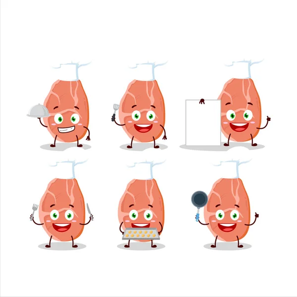 Personagem Desenhos Animados Fatia Porco Com Vários Emoticons Chef Ilustração — Vetor de Stock