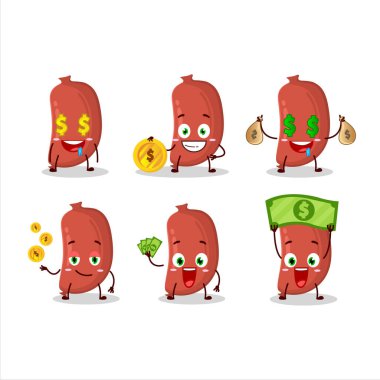 Sevimli simgesi olan sosis çizgi film karakteri para getiriyor. Vektör illüstrasyonu