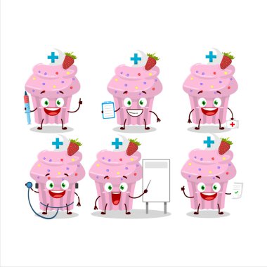 Çilekli kek çizgi film karakteri ile doktor mesleği simgesi. Vektör illüstrasyonu