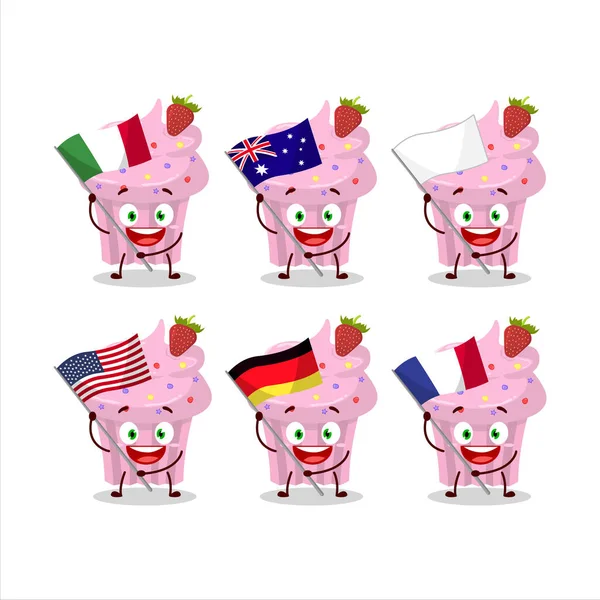 Jahodový Karikatura Postava Muffin Přinést Vlajky Různých Zemí Vektorová Ilustrace — Stockový vektor