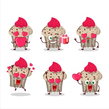 Doğum günü çilekli kek çizgi film karakteri. Sevgi dolu bir ifade. Vektör illüstrasyonu