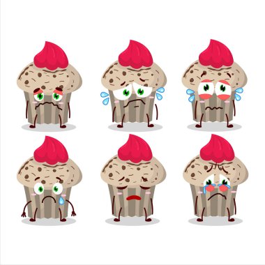 Üzücü suratlı doğum günü çilekli kek çizgi film karakteri. Vektör illüstrasyonu