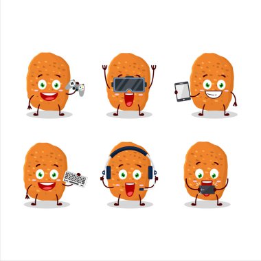 Tavuk nugget çizgi film karakteri çeşitli şirin ifadelerle oyunlar oynuyor. Vektör illüstrasyonu